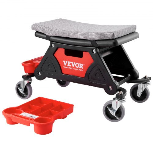 Mechanics Stool, 300 LBS Capacity Rolling Mechanic Seat with 4' Wheels, with Three Slide Out Tool Trays and Drawer, Heavy Duty Roller Creeper Seat for Home Garage DIY Automotive
