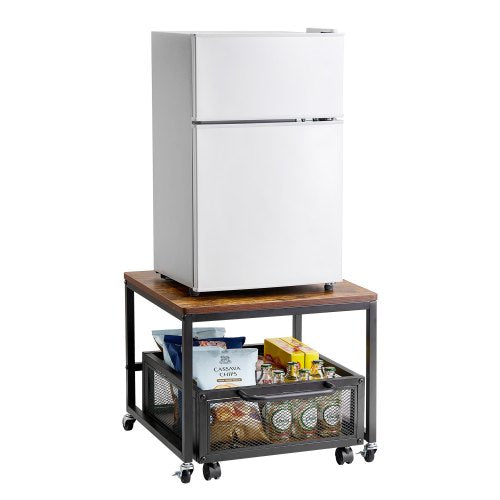 Mini Fridge Stand with Storage, 198 lbs Mini Fridge Table with Movable Storage Cart & Swivel Wheels, Beverage Refrigerator Stand for Coffee Bar, Mini Fridge Organizer for Home Dorm, Light Brown