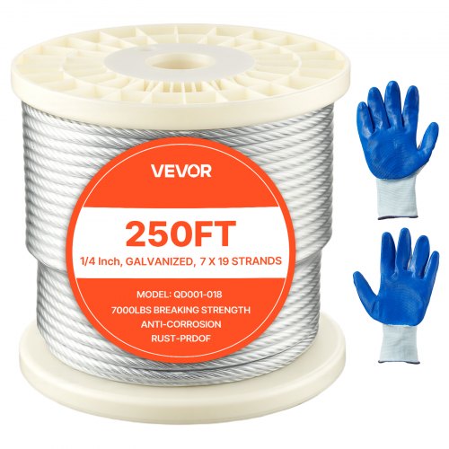 1/4 Inch Wire Rope, 250 ft Length, Zinc Galvanized Carbon Steel Cable with Gloves, 7000 lbs Breaking Strength, 7 x 19 Strands Construction, Wire Cable for Deck Railing System, Garden Trellis