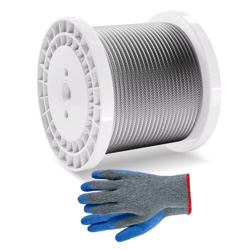 Wire Rope, 1/4' 250 ft Zinc Galvanized Carbon Steel Cable with Gloves, 7000 lbs Breaking Strength, 7 x 19 Strands Construction Marine Aircraft Grade for Handrail Stair Decking Fence Outdoors