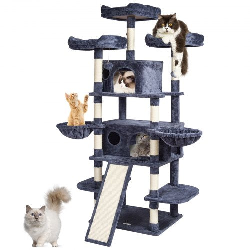Cat Tree for Indoor Cats, 68.5' Cat Tower with 2 Cat Condos, Sisal Scratching Post, Hammocks, Top Perches, Jumping Platforms and Ramp, Cat Furniture Activity Center with Hang Balls, Dark Grey