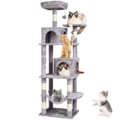 Cat Tree for Indoor Cats, 63' Cat Tower with 2 Cat Condos, Sisal Scratching Post, Hammock, Top Perch, Jumping Platforms, Large Cat Furniture Activity Center with Hang Ball, Light Grey