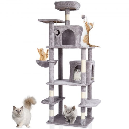 Cat Tree for Indoor Cats, 68.5' Cat Tower with 2 Cat Condos, Sisal Scratching Post, Hammock, Top Perch, Jumping Platforms, Large Cat Furniture Activity Center with Hang Ball, Light Grey