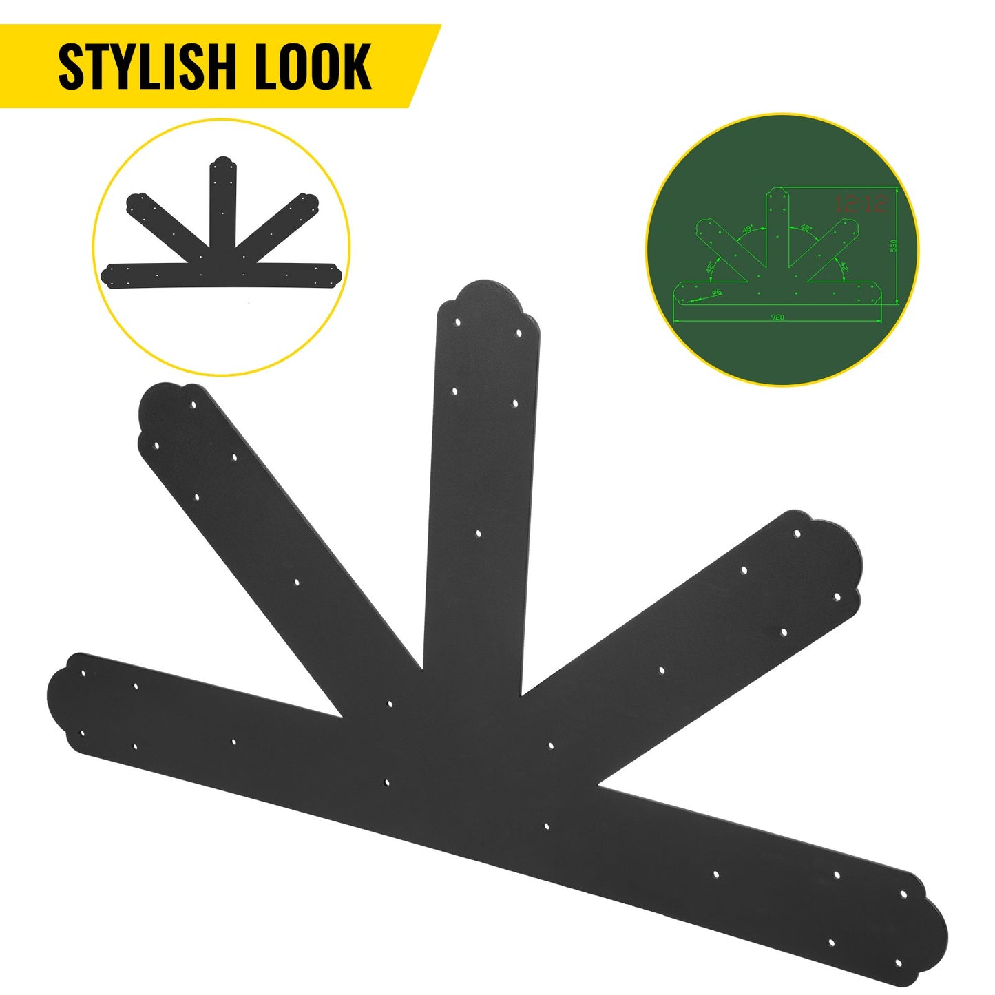 VEVOR Gable Plate, Black Powder-Coated Truss Connector Plates, 12:12 Pitch Gable Bracket, 4 mm / 0.16 Steel Truss Nail Plates, Decorative Gable Plate with Bolts for Wooden Beam Use