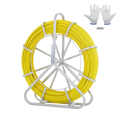 Fish Tape Fiberglass, 492 ft, 5/16 in, Duct Rodder Fishtape Wire Puller, Cable Running Rod with Steel Reel Stand, 3 Pulling Heads, Fishing Tools for Walls and Electrical Conduit, Non-Conductive