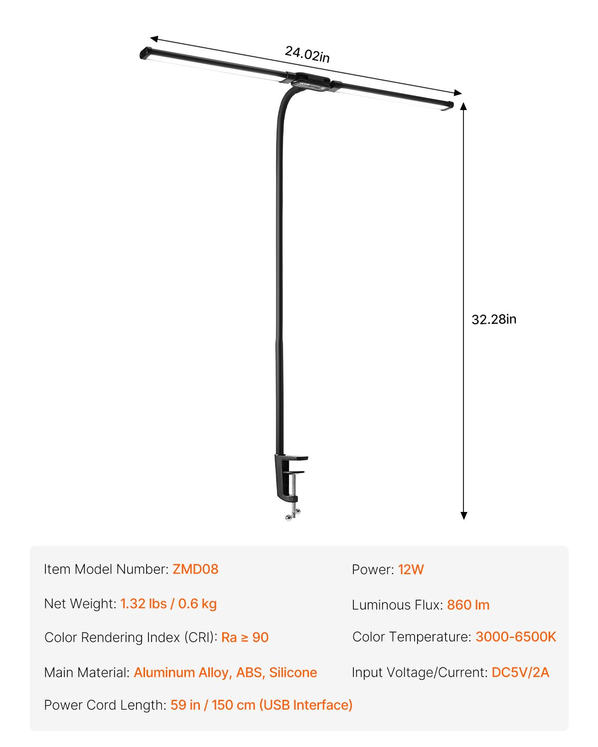 LED Desk Lamp with Clamp Double Head Desk Lamp with 360¡ã Adjustable Gooseneck