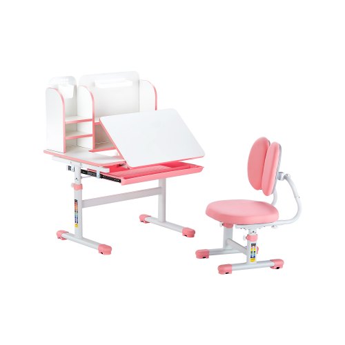 Kids Study Chair and Desk Set, Study Desk and Chair for Kids with Bookshelf & Storage Drawer, Adjustable Height & 0-40¡ã Tilted Desktop Desk and Chair, Study Table for Bedroom & Study Room, Pink
