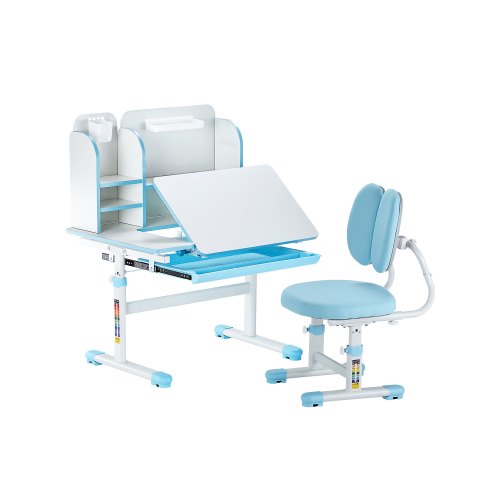 Kids Study Chair and Desk Set, Study Desk and Chair for Kids with Bookshelf & Storage Drawer, Adjustable Height & 0-40¡ã Tilted Desktop Desk and Chair, Study Table for Bedroom & Study Room, Blue