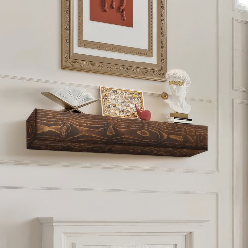 Fireplace Mantel, 84' x 8' x 6', 50 lbs Weight Capacity, Natural Wood Mantel for Over Fireplace, Wall Mounted Floating Farmhouse Shelf, Handcrafted Fireplace Mantel for Wall Decor, Natural Brown