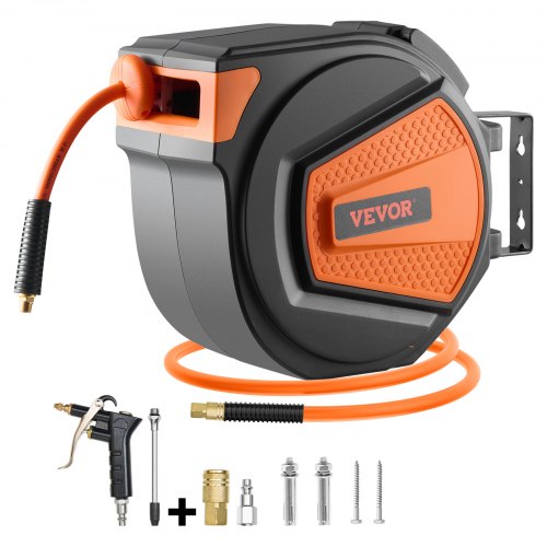 Retractable Air Hose Reel, 3/8IN x 65FT Hybrid Air Hose Max 300PSI, Air Compressor Hose Reel Auto-Rewind with 6.6 FT Lead in, Ceiling/Wall Mount Enclosed PP Reel & Built-in 180¡ã Swivel Bracket