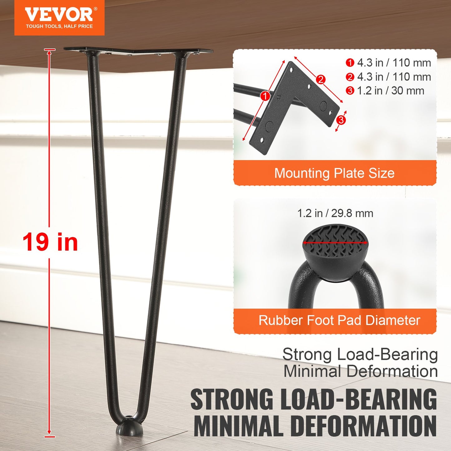 VEVOR 19 Hairpin Furniture Legs, Metal Home DIY Projects for Nightstand, Coffee Table, Desk, 500lbs Load Capacity with Rubber Floor Protectors, Metal Heavy Duty Sturdy Modern Table Legs, 4PCS Black