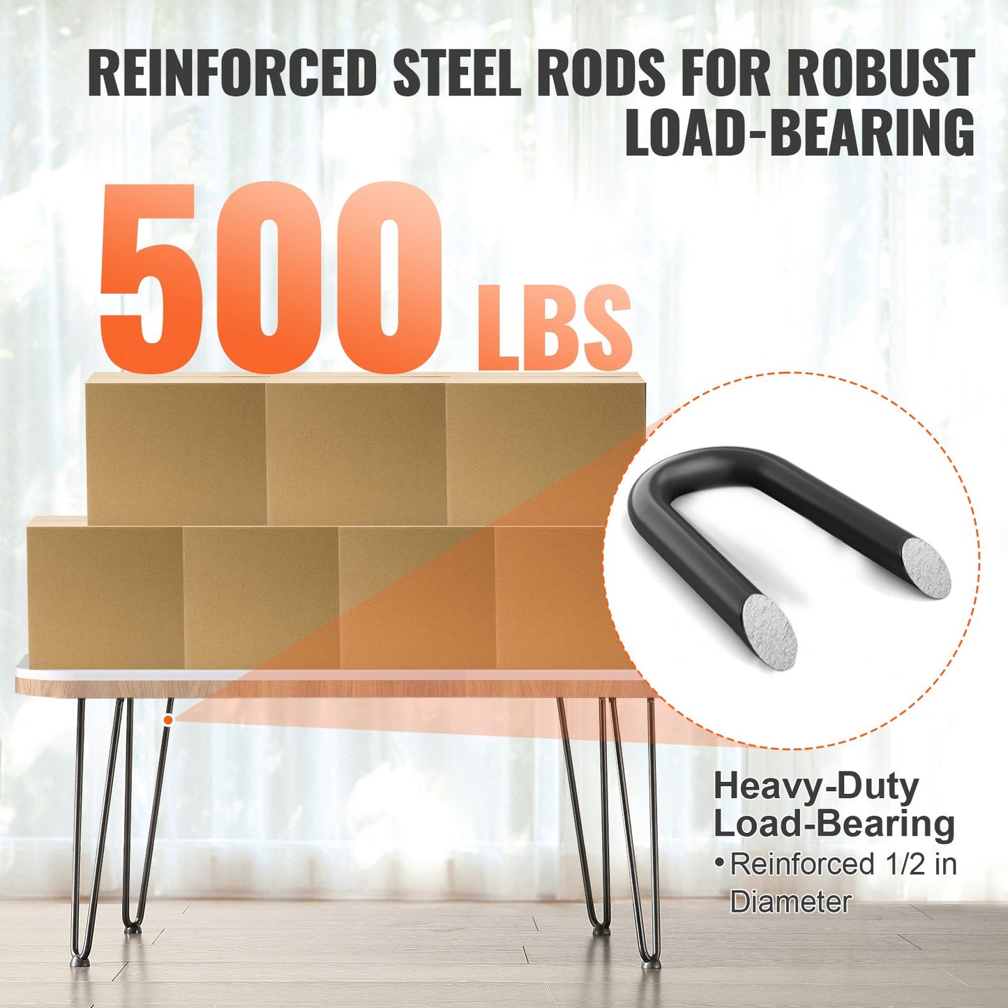 VEVOR 19 Hairpin Furniture Legs, Metal Home DIY Projects for Nightstand, Coffee Table, Desk, 500lbs Load Capacity with Rubber Floor Protectors, Metal Heavy Duty Sturdy Modern Table Legs, 4PCS Black