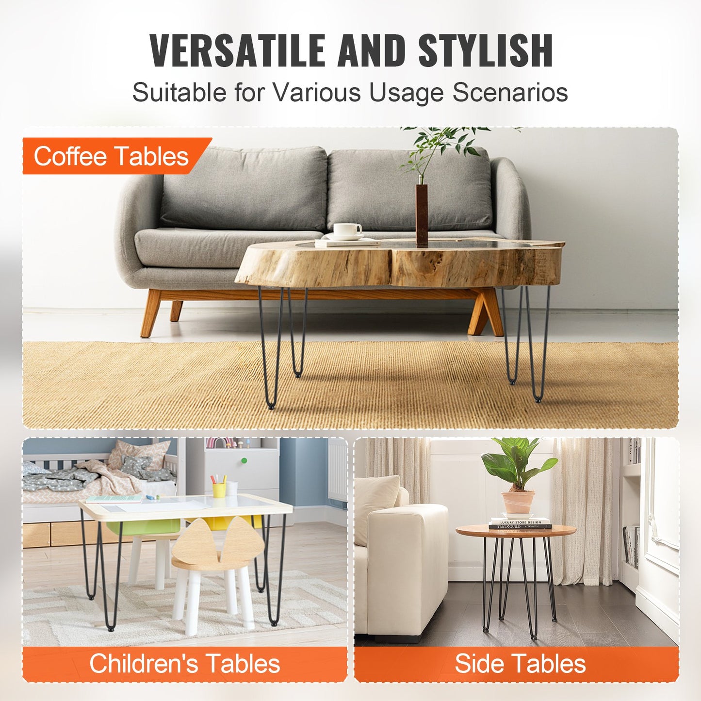 VEVOR 19 Hairpin Furniture Legs, Metal Home DIY Projects for Nightstand, Coffee Table, Desk, 500lbs Load Capacity with Rubber Floor Protectors, Metal Heavy Duty Sturdy Modern Table Legs, 4PCS Black