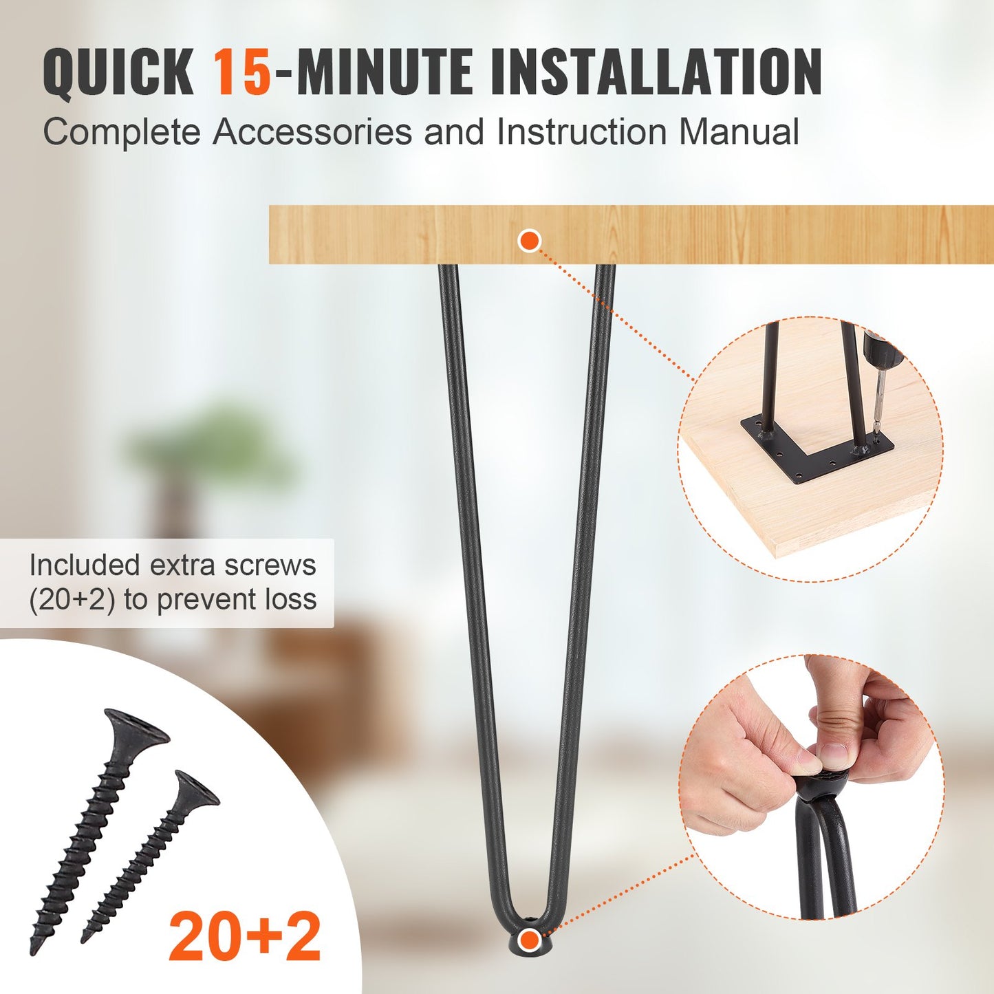 VEVOR 19 Hairpin Furniture Legs, Metal Home DIY Projects for Nightstand, Coffee Table, Desk, 500lbs Load Capacity with Rubber Floor Protectors, Metal Heavy Duty Sturdy Modern Table Legs, 4PCS Black