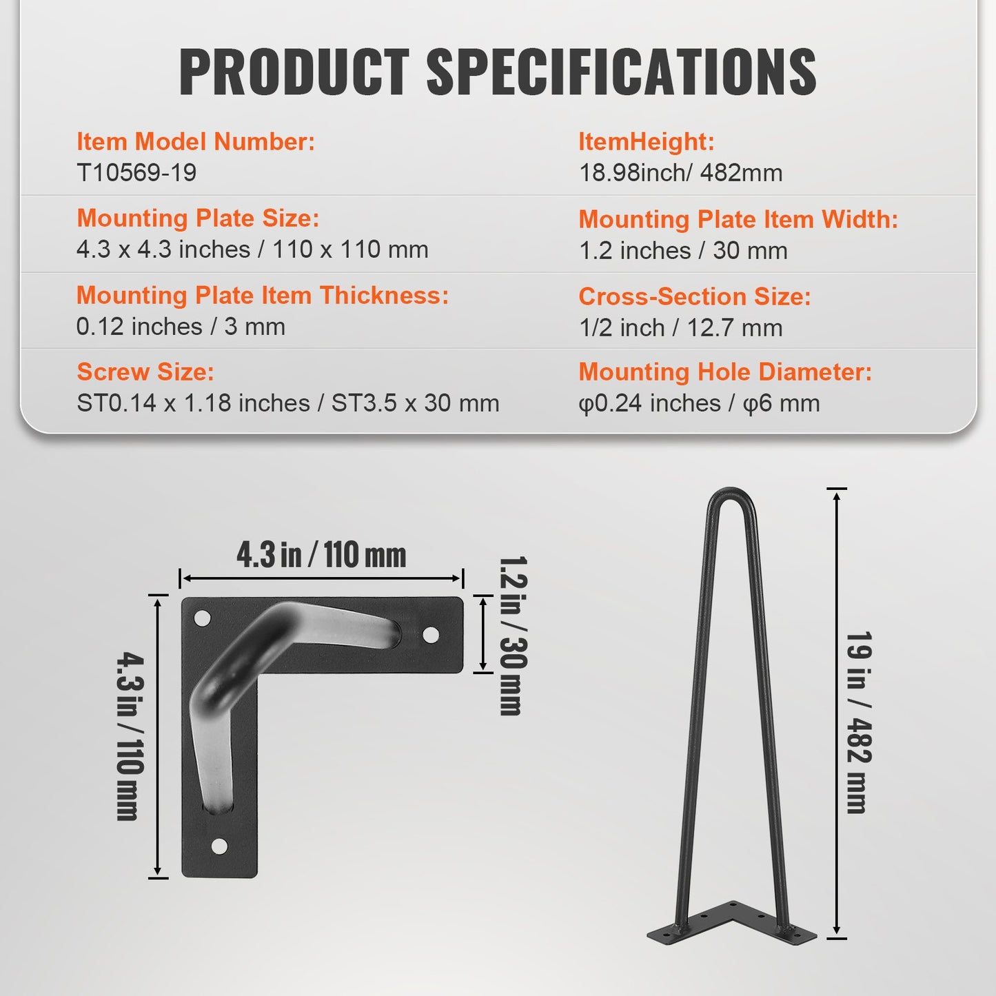 VEVOR 19 Hairpin Furniture Legs, Metal Home DIY Projects for Nightstand, Coffee Table, Desk, 500lbs Load Capacity with Rubber Floor Protectors, Metal Heavy Duty Sturdy Modern Table Legs, 4PCS Black