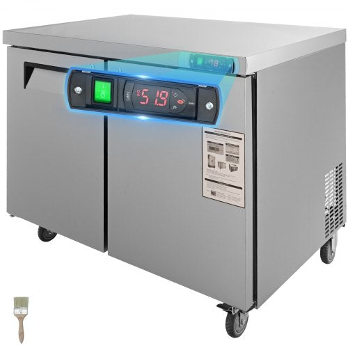Commercial Refrigerator, 48' Worktop Undercounter Refrigerator, 12.85 Cu. Ft Thick Stainless Steel Refrigerated Food Prep Station, 2 Door Worktop Fridge with lock for Restaurant, Bar, Diner