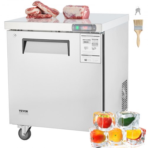 28' Commercial Frozen Refrigerator Sandwich & Salad Prep Table, 7.4 Cu. Ft Stainless Steel Refrigerated Food Prep Station with 1 Door, Frost Free Refrigerator with Lock for Restaurant, Bar