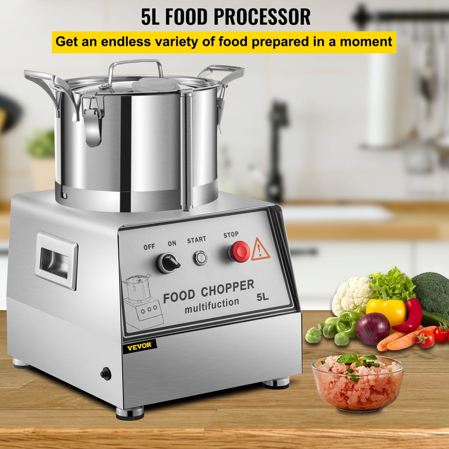 VEVOR 110V Commercial Food Processor 5L Capacity 550W Electric Food Cutter 1400RPM Stainless Steel Food Processor Perfect for Vegetables Fruits Grains Peanut Ginger Garlic