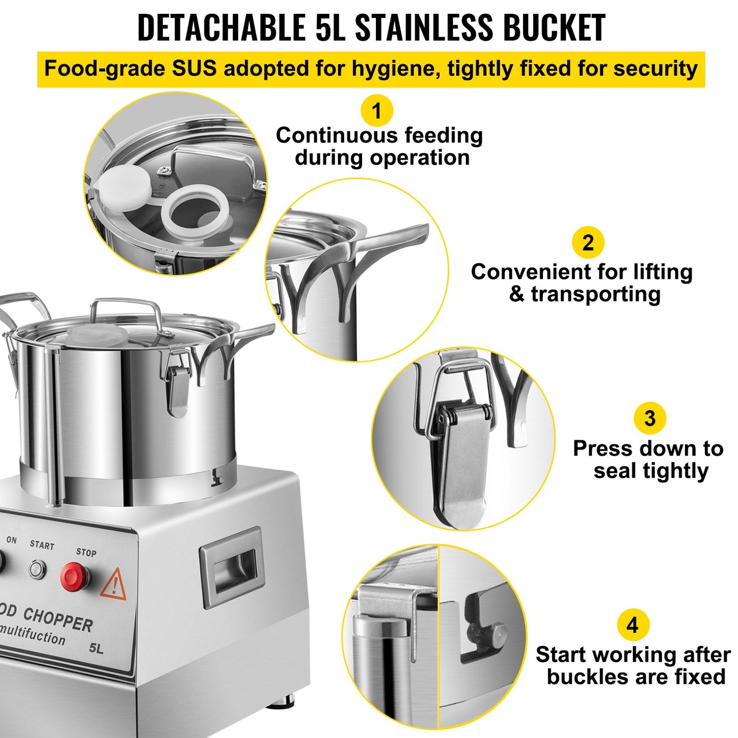 VEVOR 110V Commercial Food Processor 5L Capacity 550W Electric Food Cutter 1400RPM Stainless Steel Food Processor Perfect for Vegetables Fruits Grains Peanut Ginger Garlic