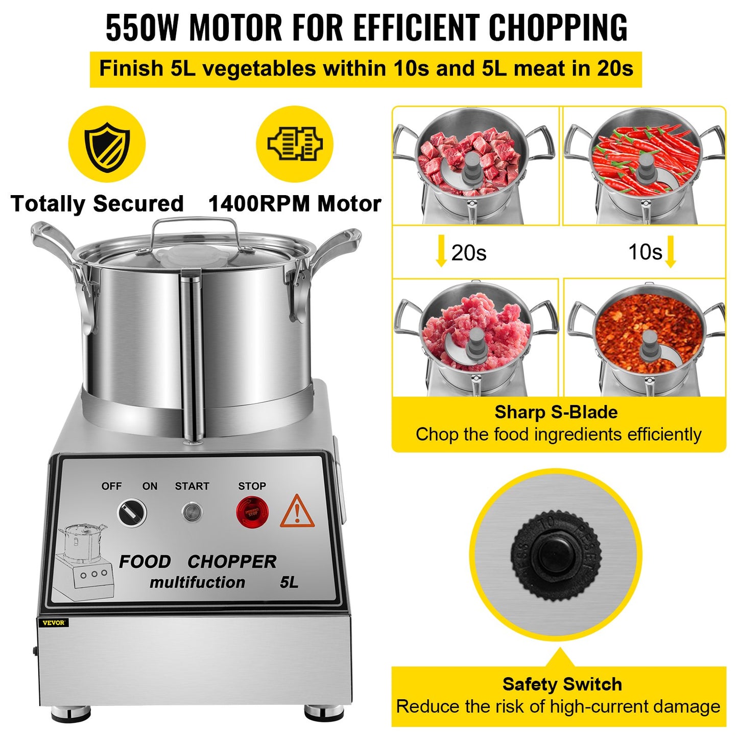 VEVOR 110V Commercial Food Processor 5L Capacity 550W Electric Food Cutter 1400RPM Stainless Steel Food Processor Perfect for Vegetables Fruits Grains Peanut Ginger Garlic