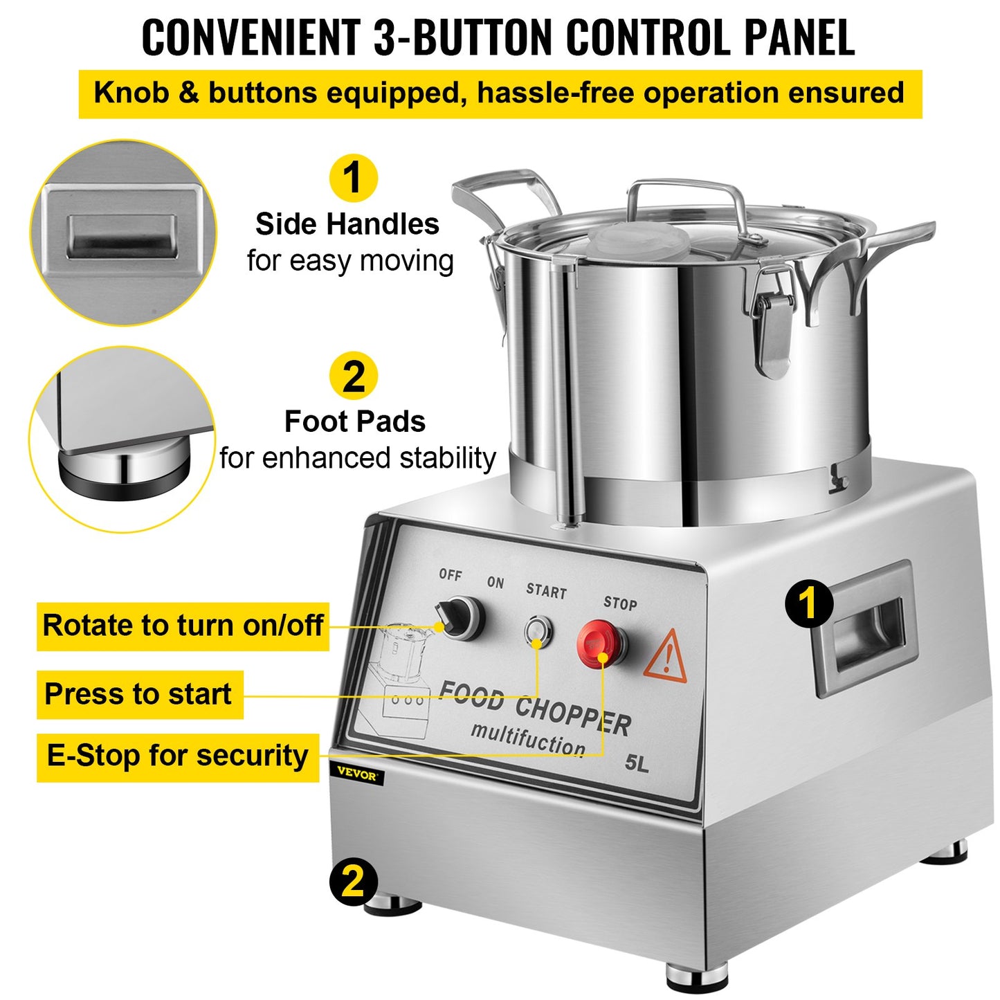 VEVOR 110V Commercial Food Processor 5L Capacity 550W Electric Food Cutter 1400RPM Stainless Steel Food Processor Perfect for Vegetables Fruits Grains Peanut Ginger Garlic