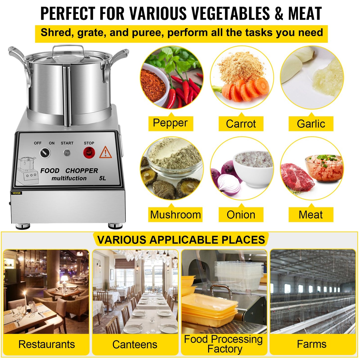 VEVOR 110V Commercial Food Processor 5L Capacity 550W Electric Food Cutter 1400RPM Stainless Steel Food Processor Perfect for Vegetables Fruits Grains Peanut Ginger Garlic