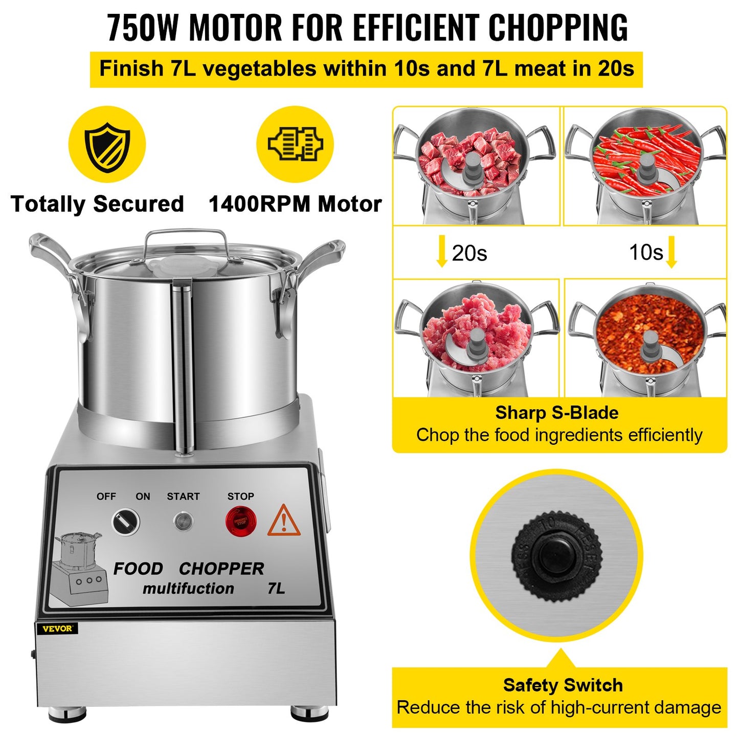 VEVOR 110V Commercial Food Processor 7L Capacity 750W Electric Food Cutter Mixer 1400RPM Stainless Steel Processor Perfect for Vegetables Fruits Grains Peanut Ginger Garlic