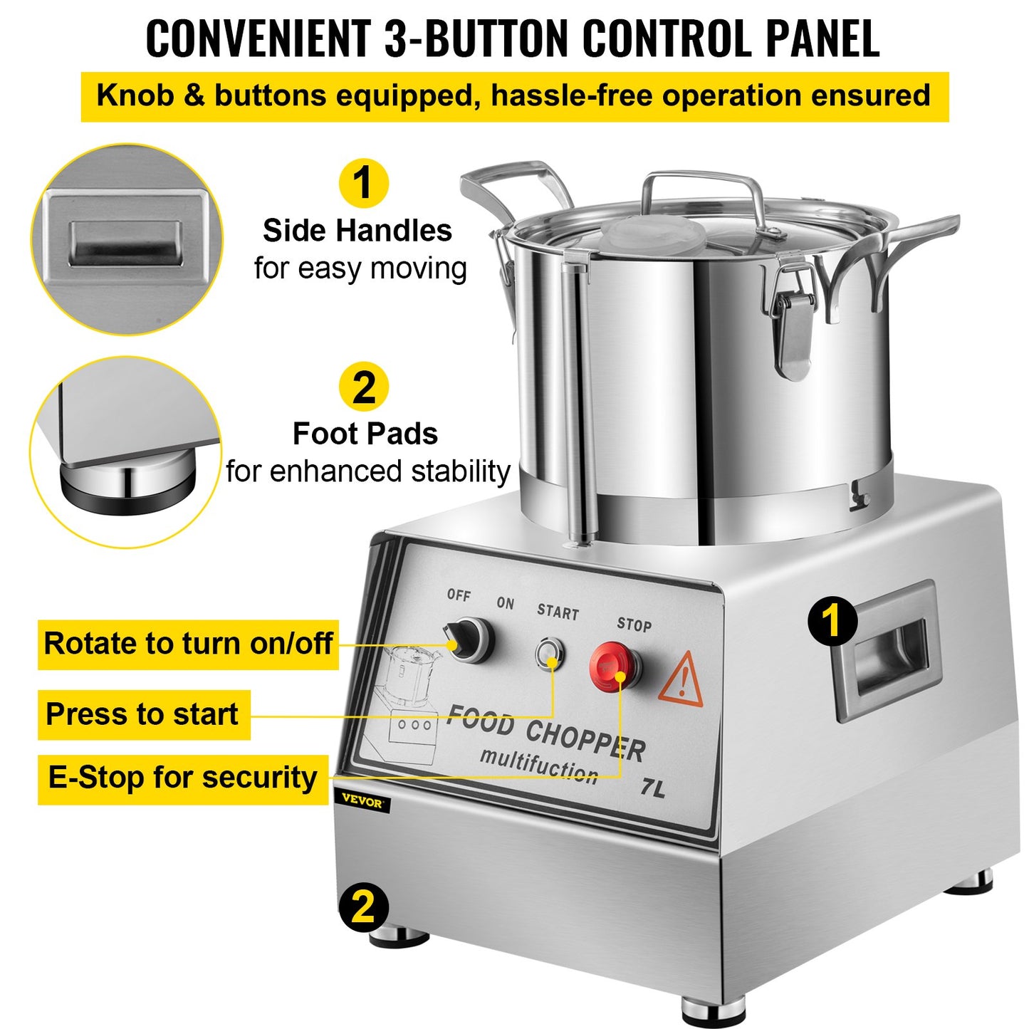 VEVOR 110V Commercial Food Processor 7L Capacity 750W Electric Food Cutter Mixer 1400RPM Stainless Steel Processor Perfect for Vegetables Fruits Grains Peanut Ginger Garlic