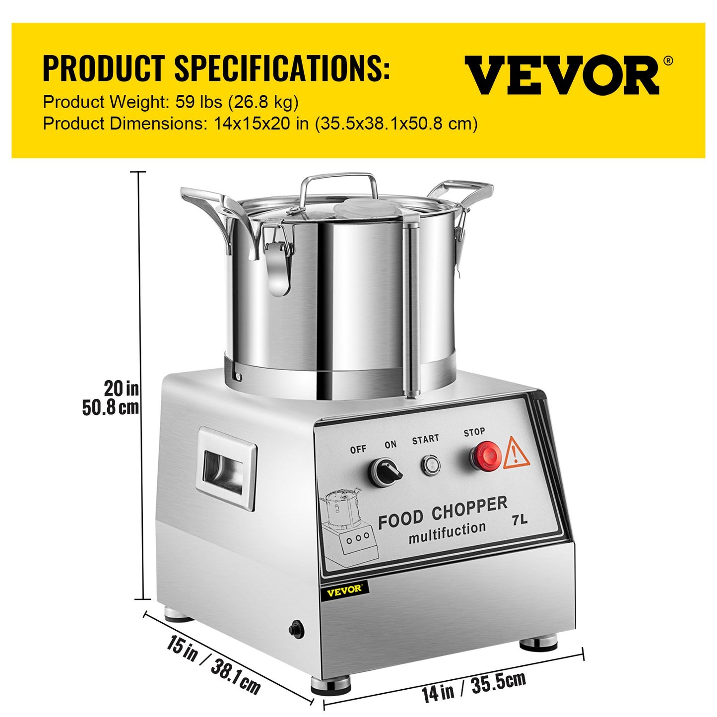 VEVOR 110V Commercial Food Processor 7L Capacity 750W Electric Food Cutter Mixer 1400RPM Stainless Steel Processor Perfect for Vegetables Fruits Grains Peanut Ginger Garlic