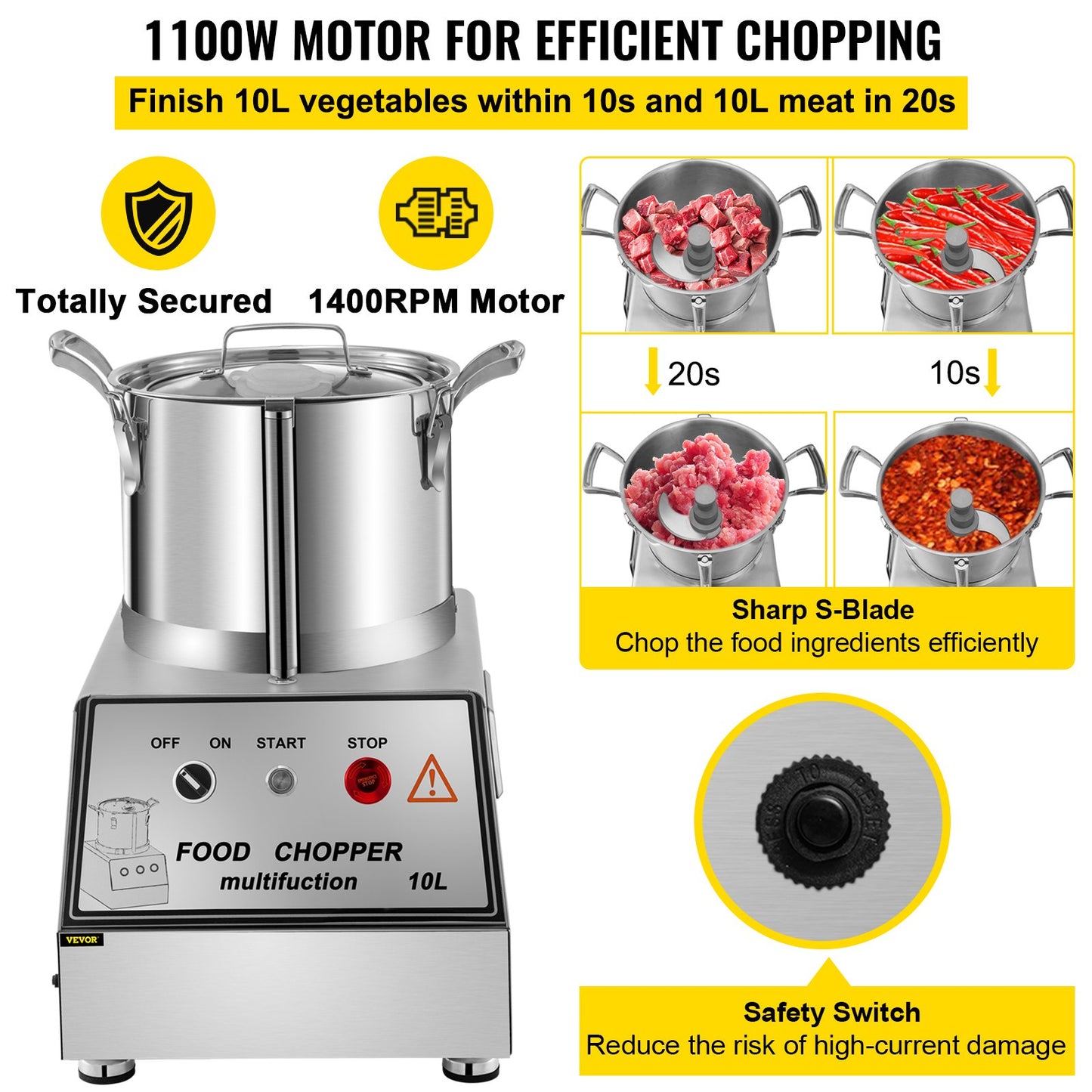 VEVOR 110V Commercial Food Processor 10L Capacity 1100W Electric Food Cutter 1400RPM Stainless Steel Food Processor Perfect for Vegetable Fruits Grains Peanut Ginger Garlic