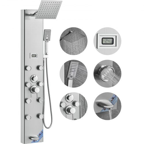 Shower Panel System, 5 Shower Modes, Digital Display Shower Panel Tower, Rainfall, 8 Massage Jets, Tub Spout, 3-Setting Handheld Shower Head 59' Hose, Stainless Steel Wall-Mounted Shower Set
