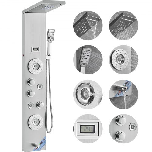 Shower Panel System, 6 Shower Modes, LED & Display Shower Panel Tower, Rainfall, Waterfall, 4 Body Massage Jets, Tub Spout, Handheld Shower Head 59' Hose, Stainless Steel Wall-Mounted Shower Set