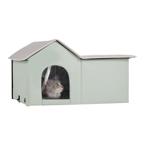 Heated Cat House, Outdoor Kitty Shelter with Adjustable Temperature and Timer, 600D Oxford Cloth Foldable Cat Shelter with Heated Pad  for Winter to Stay Warm and Cozy, Green (Large)