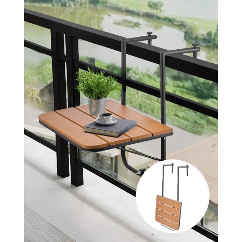 Balcony Hanging Table, 25 x 24 in Folding Balcony Railing Table, Outdoor Balcony Bar Table for Railings, 4-Level Adjustable, Fit Railing from 1' to 8.27', Serving Table for Patio & Deck
