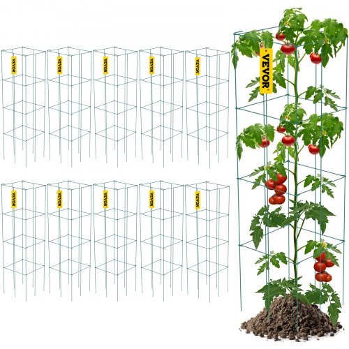 VEVOR Tomato Cages, 11.8 x 11.8 x 46.1, 10 Packs Square Plant Support Cages, Green PVC-Coated Steel Tomato Towers for Climbing Vegetables, Plants, Flowers, Fruits