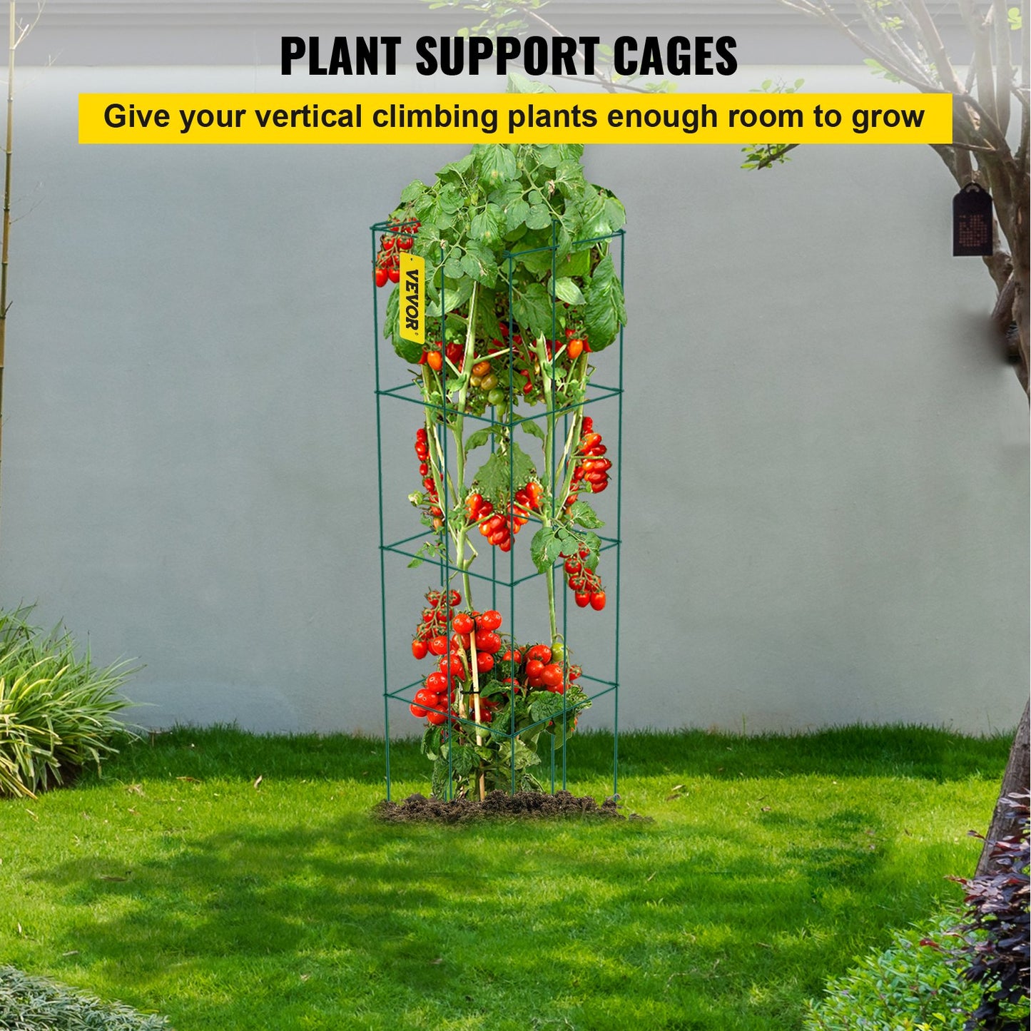 VEVOR Tomato Cages, 11.8 x 11.8 x 46.1, 10 Packs Square Plant Support Cages, Green PVC-Coated Steel Tomato Towers for Climbing Vegetables, Plants, Flowers, Fruits