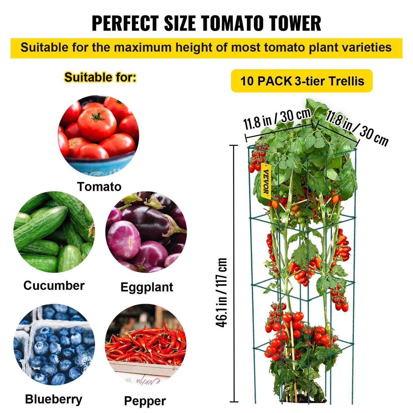 VEVOR Tomato Cages, 11.8 x 11.8 x 46.1, 10 Packs Square Plant Support Cages, Green PVC-Coated Steel Tomato Towers for Climbing Vegetables, Plants, Flowers, Fruits
