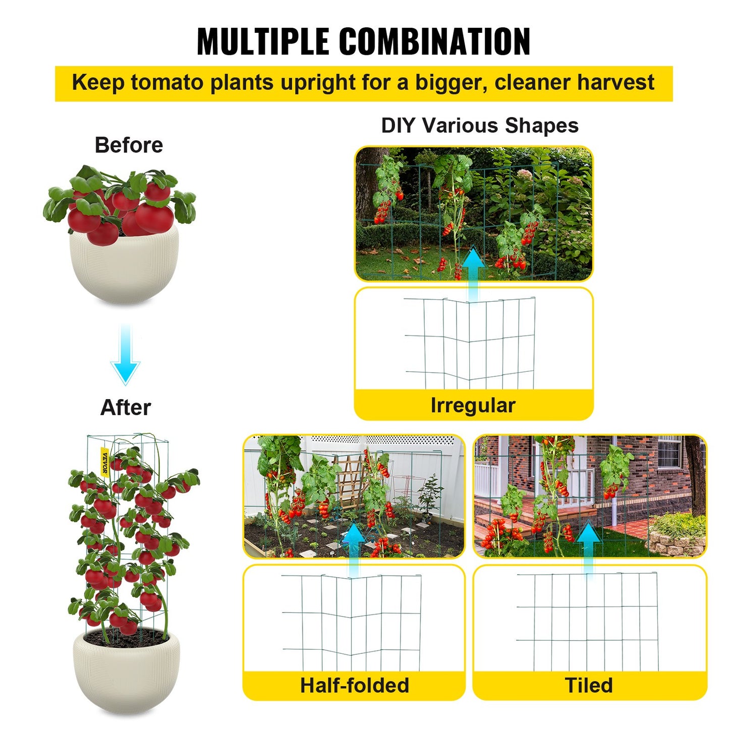 VEVOR Tomato Cages, 11.8 x 11.8 x 46.1, 10 Packs Square Plant Support Cages, Green PVC-Coated Steel Tomato Towers for Climbing Vegetables, Plants, Flowers, Fruits