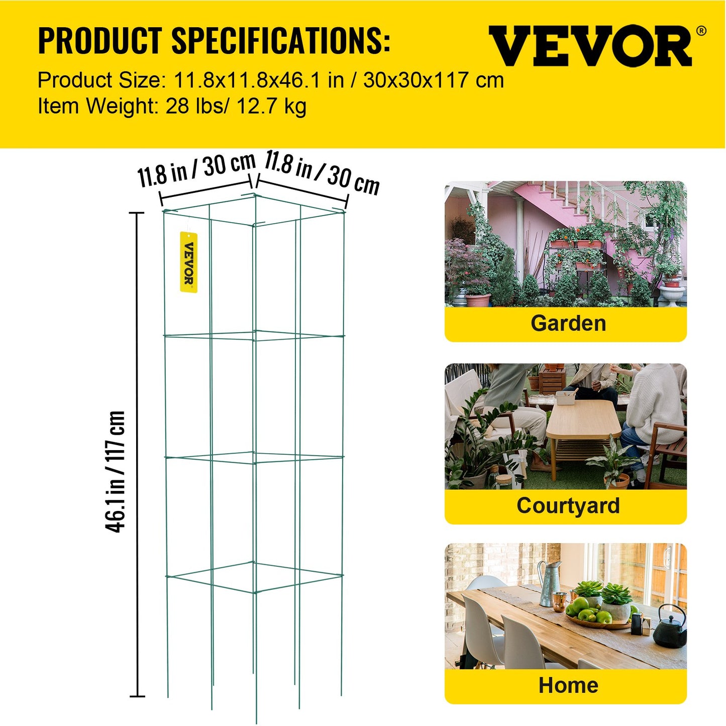VEVOR Tomato Cages, 11.8 x 11.8 x 46.1, 10 Packs Square Plant Support Cages, Green PVC-Coated Steel Tomato Towers for Climbing Vegetables, Plants, Flowers, Fruits