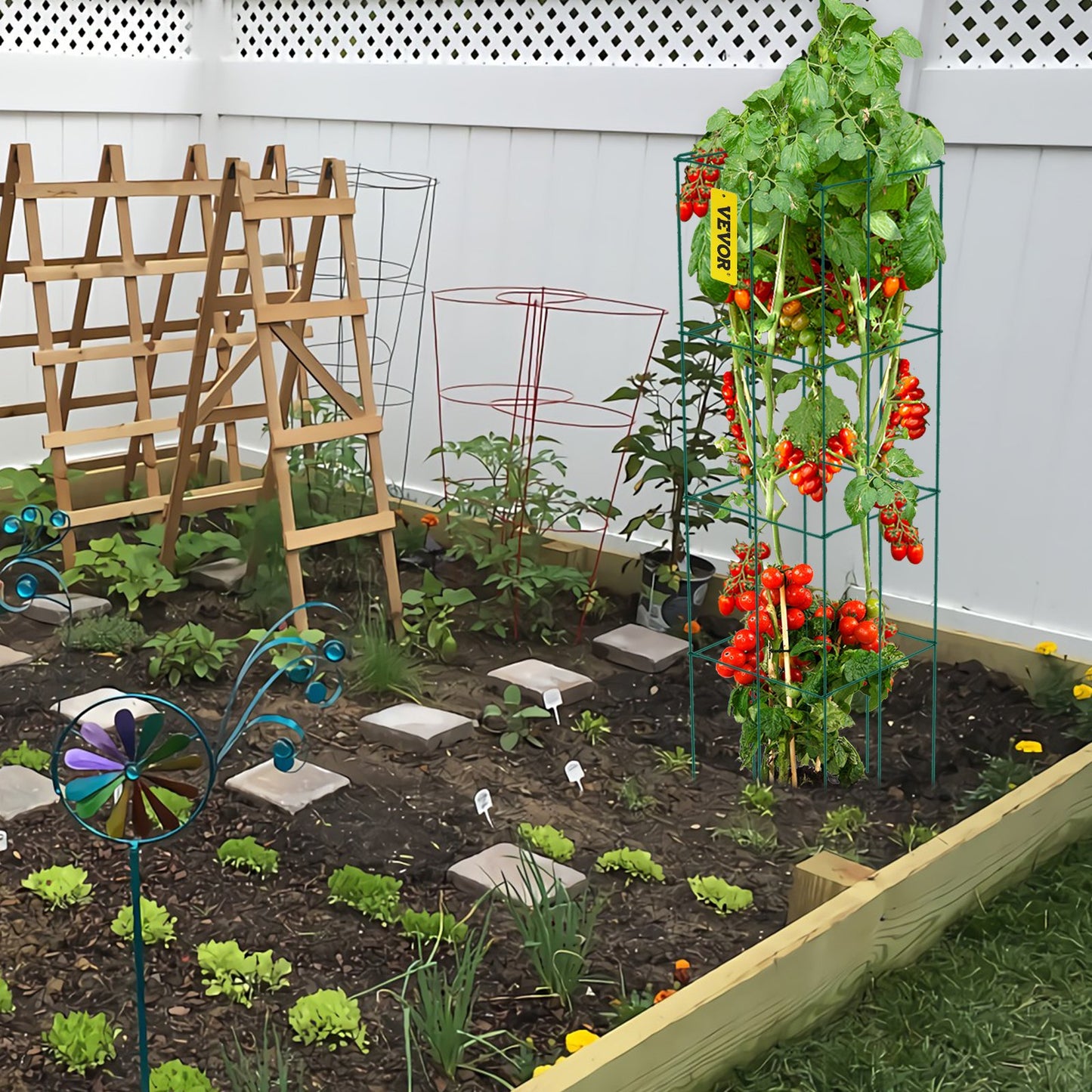 VEVOR Tomato Cages, 11.8 x 11.8 x 46.1, 10 Packs Square Plant Support Cages, Green PVC-Coated Steel Tomato Towers for Climbing Vegetables, Plants, Flowers, Fruits