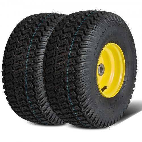 Lawn Mower Tires with Rim, 15x6-6' Tubeless Tractor Tires, 2-Pack Tire and Wheel Assembly, S-Turf Pneumatic Tires, 3' Offset Hub, 3/4' Bushing Size, 16 PCS Adapters for Riding Mower Lawn Tractor
