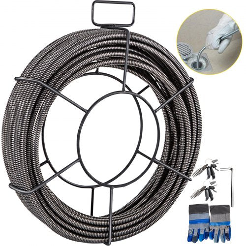 Drain Cleaning Cable 100 FT x 3/8 Inch, Solid Core Steel Sewer Cable with 4 Cutter for 2' to 4' Pipes, Sewer Auger Cleaner Cable for Sink, Floor Drain, Toilet