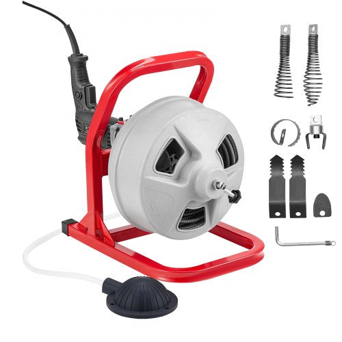 Drain Cleaner Machine 50 FT x 5/16 Inch, Sewer Snake Auger with 228RPM Electric Drill, Manual Feed Drain Cleaning Machine with 6 Cutters & Air-activated Foot Switch for 2' to 4' Pipes