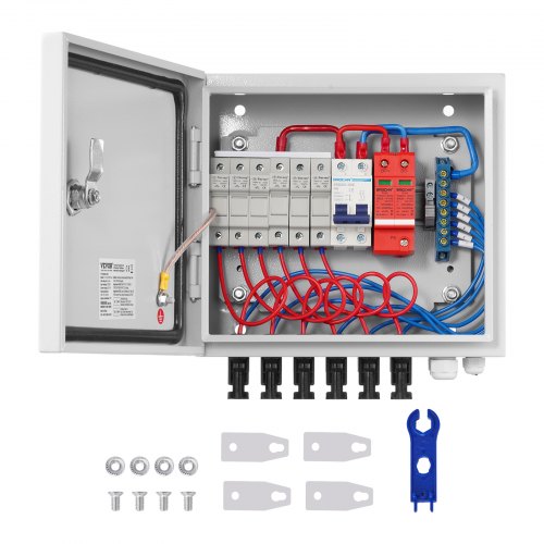 PV Combiner Box, 6 String, Solar Combiner Box with 10A Rated Current Fuse 63A Circuit Breaker Lightning Arrester and Solar Connector, Steel Case for On / Off Grid Solar Panel System, IP65