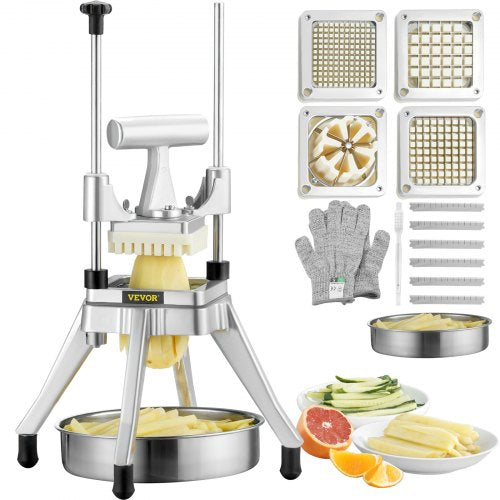 Commercial Vegetable Fruit Chopper, Stainless Steel French Fry Cutter with 4 Blades 1/4' 3/8' 1/2', 6-wedge Slicer, Chopper Dicer with Tray, Heavy Duty Cutter for Potato Tomato Onion Mushroom