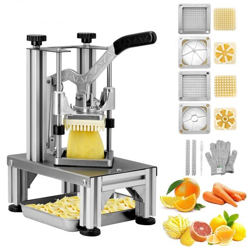 Commercial French Fry Cutter with 4 Replacement Blades, 1/4¡å & 3/8¡å Blade Easy Dicer Chopper, 6-wedge Slicer & 6-wedge Apple Corer, Lemon Potato Cutter for French Fries with Tray and Handle