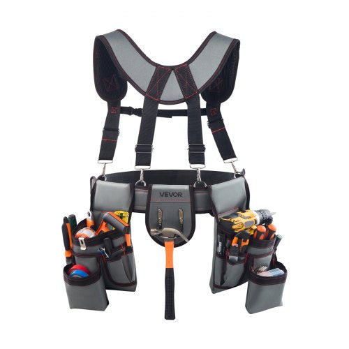 Tool Belt, 22 Pockets Tool Pouch with Suspenders for Men, Heavy Duty Adjustable Utility Belt Bag Suspenders for Electrician, Carpenter, Construction, Work Apron Organizer Waist Adjust 32 to 68in