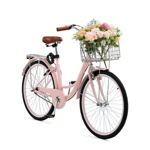 Cruiser Bike, 1-Speed, 26-Inch Pink Beach Cruiser Bike with Large Capacity Basket and Rear Rack, Secure & Sturdy Cruiser Bike with Adjustable Seat, Fits for Cycling, Exercise & Shopping
