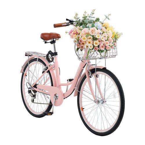 Cruiser Bike, 7-Speed, 26-Inch Pink Beach Cruiser Bike with Large Capacity Basket and Rear Rack, Secure & Sturdy Cruiser Bike with Adjustable Seat, Fits for Cycling, Exercise & Shopping