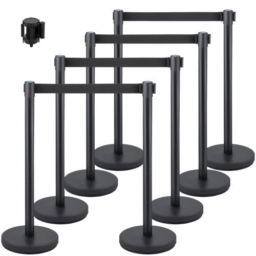 Crowd Control Stanchion, Set of 8 Pieces Stanchion Set, Stanchion Set with 6.6 ft/2 m Black Retractable Belt, Black Crowd Control Barrier with Concrete and Metal Base ¨C Easy Connect Assembly